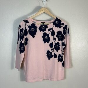 Talbots Women's Medium Pink Navy Pullover Sweater Floral 3/4 Sleeve Lightweight